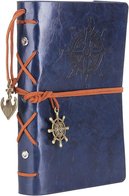 EvZ Leather Writing Journal Notebook, 7 Inches Vintage Nautical Spiral Blank String Diary Notepad Sketchbook Travel to Write in, Unlined Paper, Retro Pendants, Classic Embossed, Dark Blue