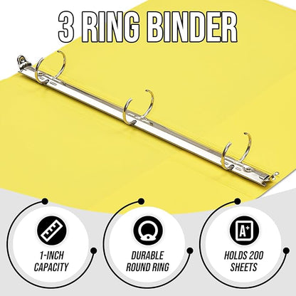 3 Ring Binder 1 Inch, IntoJoy 6 Pack Clear View 3 Hole Binder PVC-Free Fits 8.5x11 Inch Paper Flexible Round Ring Binders for School Office Home Binder Supplies (Yellow)