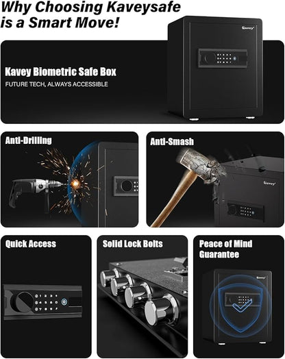 Kavey 2.0 Cub Biometric Safe Box, Fingerprint Safe with Backlit Touch Screen Keypad and Dual Alarm System, Money Safe With Mute Function and LED Light