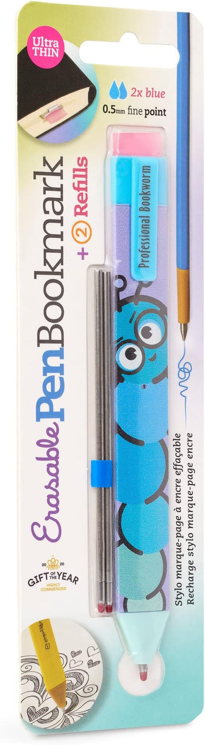 New Pen Bookmark with Refills | Erasable Ballpoint Gel Pen and Bookmark 3-in-1 | Ink Novelty Pen with Eraser | Page Marker | Book Marker | Page Holder Clip | Gift for Reader and Writer (Bookworm)