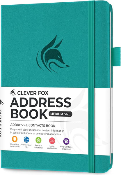 Clever Fox Address Book with alphabetic tabs - PU Leather Telephone and Address Book for Keeping Contacts Safe, Contact Organizer Journal, Medium Size (5.3″ x 7.7″) Hardcover, Turquoise