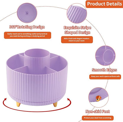 Desk Pen Holder, 5 Slot 360 Rotating Pen Organizer for Desk, Desktop Storage Stationery Supplies Organizer, Cute Pencil Cup Pot for Office, School, Home, Art Supply, Purple