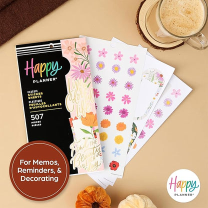 Happy Planner Sticker Pack for Calendars, Journals, and Planners, Easy-Peel Stickers and Scrapbook Accessories, Classic Size, Blooming Bouquet, 30 Sheets, 507 Total Stickers