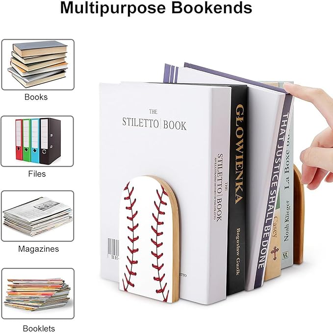 2 Pack Wood Bookends, Sport Baseball Stitches Non-Skid Book Ends for Heave Books, Decorative Bookends for Shelves Desk, Book Stoppers Book Holders for Home Office Library School