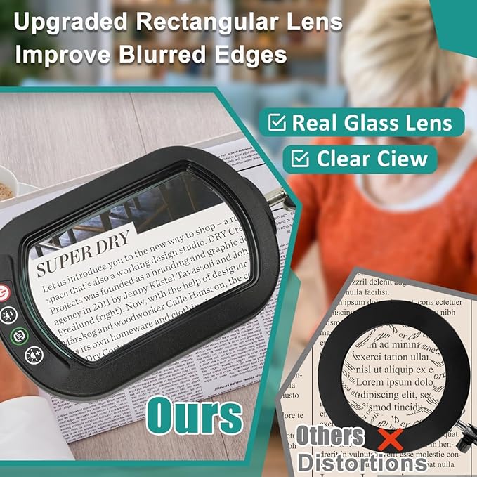 10X Rectangle Magnifying Glass with Light, 5 Color Modes Stepless Dimmable Magnifier with Stand, LED Lighted Clamp Desk Lamp with Swing Arm, Hands Free for Reading Painting Crafts Close Work