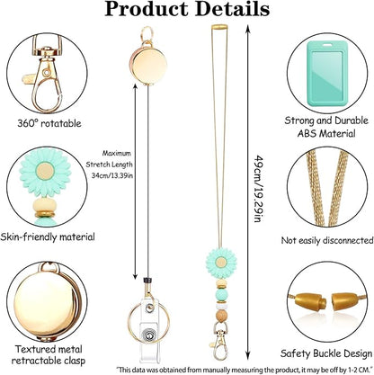 Colorful ID Badge Holder with Silicone Beads Lanyard Set,Cute Teacher Breakaway Lanyard for Keys & Keychain with Cute Retractable Badge Reel Holder,Gift for Women,Nurse, Teacher. (X)