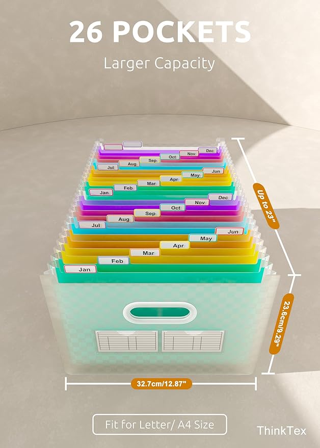 ThinkTex 26 Pockets Accordion File Organizer, Upright & Open Top, A-Z Colorful Tabs, Larger Capacity Expanding File Folder, Letter/A4 Size for School, Home and Office - Green