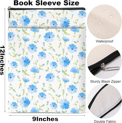 Blue Flowers Pattern Book Lovers Gifts Waterproof Book Sleeve Book Pouch Book Protector with Zipper and Front Pocket BookCover Case for Women Best Friend Sister Book Accessories Book Club Gifts