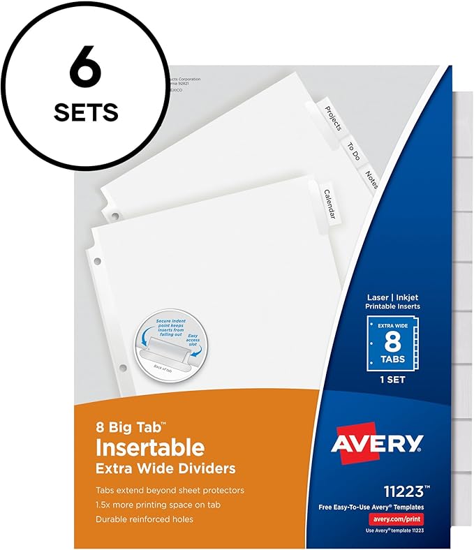 Avery Big Tab Extra-Wide Insertable Clear Tab Dividers for 3 Ring Binders, 8-Tab Set, White, 6 Sets (11254)