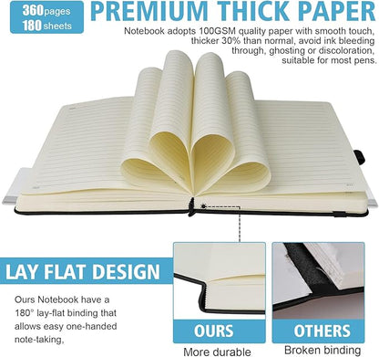 Lined Journal Notebook, 360 Numbered Pages(With page number), Thick Journal for Writing A5 College Ruled Notebook, 100gsm Lined Paper, Leather Hardcover, 5.75'' X 8.38''-Black