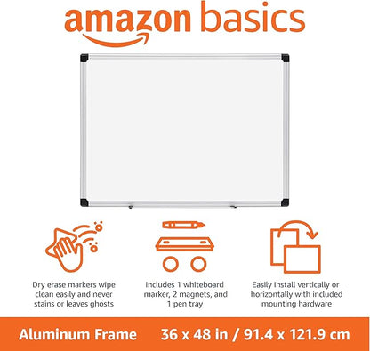 Amazon Basics Magnetic Dry Erase Whiteboard, 36 x 48-Inch, Aluminum Frame, Silver/White