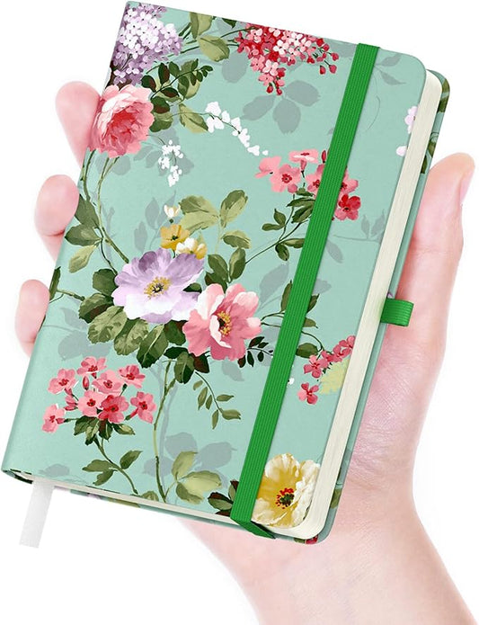 Small Notebook, Mini Pocket Journal A6 5.7" x 3.9", Leather Hardcover Journal with Pen Holder, 160 Thick Papers, Cute Lined Notebook Small Notepad for Women Writing Work Travel, Graceful Peony