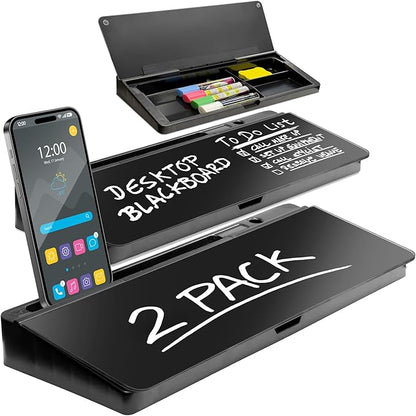 Desktop Whiteboard - Glass Dry Erase White Board - Desk Computer Buddy – Home Office & Studying Essentials - with Phone & Tablet Slot, Storage - Includes 4 Markers, 1 Eraser, Black (2 Pack)