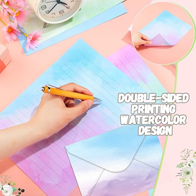 TaoBary 160 Packs Stationery Paper Set (50 Double Sided Stationery Writing Papers 50 Matching Envelopes) 60 Round Dot Sticker, 10 Design(Watercolor,8.5 x 11 Inch)