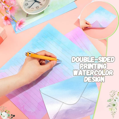TaoBary 160 Packs Stationery Paper Set (50 Double Sided Stationery Writing Papers 50 Matching Envelopes) 60 Round Dot Sticker, 10 Design(Watercolor,8.5 x 11 Inch)