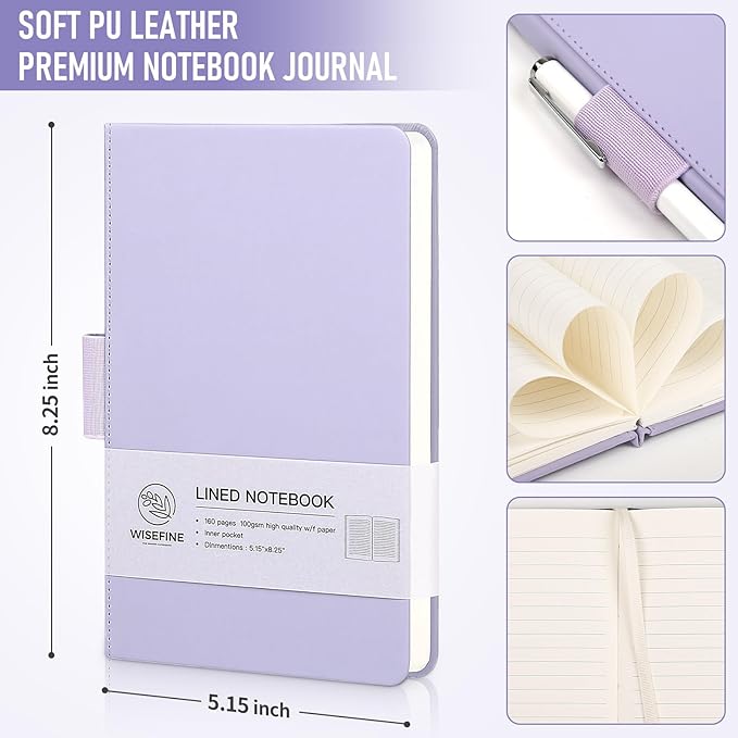 Hardcover Executive Notebooks, 160 Pages Line Ruled Classic Notebook Journal, Leather Notebooks with Pen Loop for Bussiness College Writing (MintPurple)