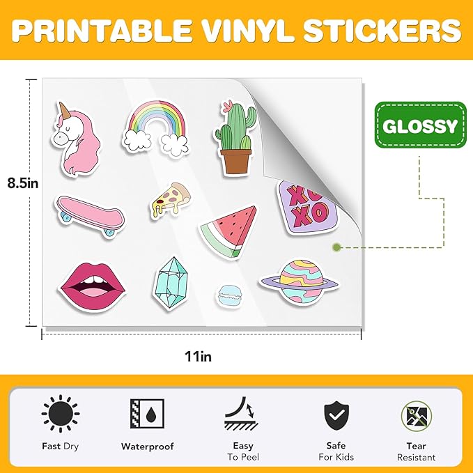 60 PCS Sticker Paper for Inkjet Printer，Printable Vinyl Sticker Paper Dries Quickly Vivid Colors，8.5"x11" Tear Resistant Printable Vinyl，Glossy White,Inkjet & Laser Printer