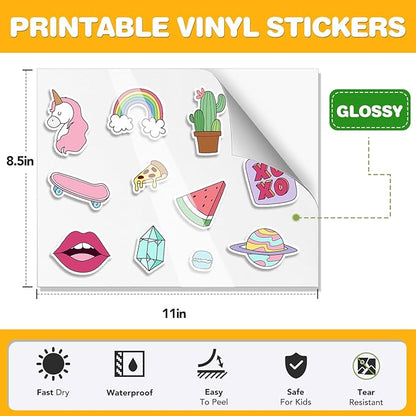 60 PCS Sticker Paper for Inkjet Printer，Printable Vinyl Sticker Paper Dries Quickly Vivid Colors，8.5"x11" Tear Resistant Printable Vinyl，Glossy White,Inkjet & Laser Printer