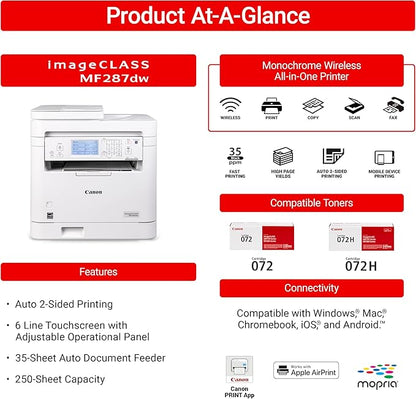Canon imageCLASS MF287dw - Monochrome, Duplex, Wireless Laser Printer, All-in-One Print, Copy, Scan, Fax, Auto Document Feeder, 1 Year Limited Warranty, 35 PPM, White