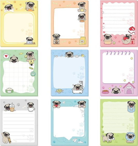 Sabary 9 Pads Sticky Notes 3.15 x 3.94 Inches Cute Self Sticky Note Pads Colored Adhesive Notepad for Memo Reminder Journal Studying Office Home Gift(Pug)