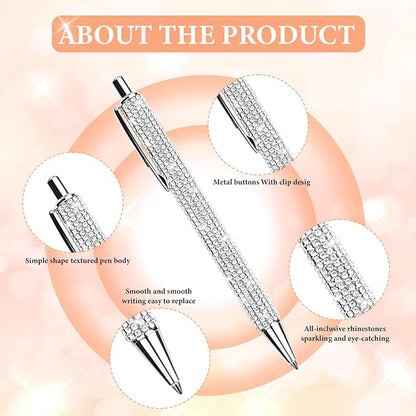 20Pcs Rhinestone Metal Ballpoint Pens Bling Pens Bulk Fancy Sparkly Crystal Diamond Pens Press Retractable Black Ink 0.7mm For Women Office Meeting Birthday Supplies Wedding Gifts(Silver)