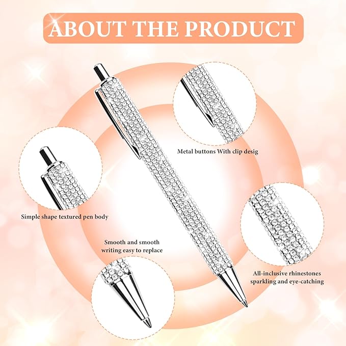 12Pcs Rhinestone Metal Ballpoint Pens Bling Pens Bulk Fancy Sparkly Crystal Diamond Pens Press Retractable Black Ink 0.7mm For Women Office Meeting Birthday Supplies Wedding Gifts(2colors)