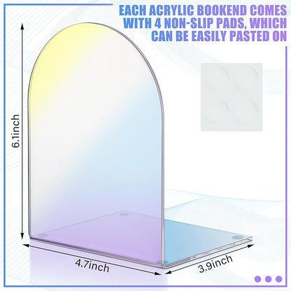 Harloon 4 Pcs Acrylic Book Ends for Shelves Plastic Arch Clear Non Skid Heavy Duty Bookends Desktop Organizer l Dividers Book Stopper for Office(Laser Color)