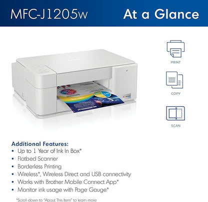 Brother MFC-J1205W INKvestment -Tank Wireless Multi-Function Color Inkjet Printer with Up to 1-Year in Box, Works with Alexa