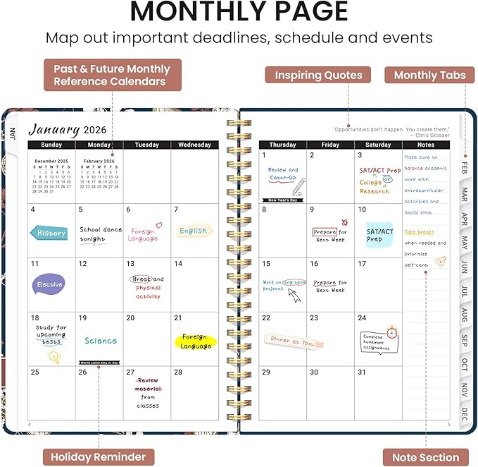 2026 Planner, Aesthetic Weekly and Monthly Planner for Women, Jan 2026 to Dec 2026, Hardcover 2026 Calendar Book with Monthly Tabs, Inner Pocket, Perfect for Office Home School - A5 (6.3" x 8.5"), Golden Flutter