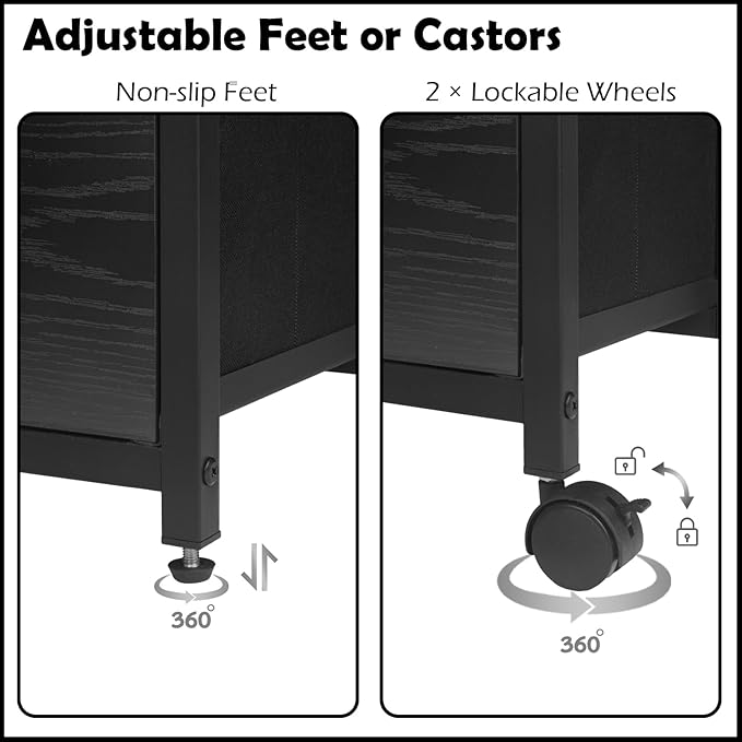 2 Tier Metal Mobile Under Desk Home Printer Stand with Storage Drawer Small File Cabinet for Home Office with Wheels Printer Tables for Small Spaces, Black