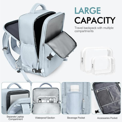 Travel Backpack for Men Women, TSA Friendly Flight Approved Carry-on Luggage Hand Backpack Underseat Personal Item, Business Work Gym Bag, Travel Essentials, Light Blue