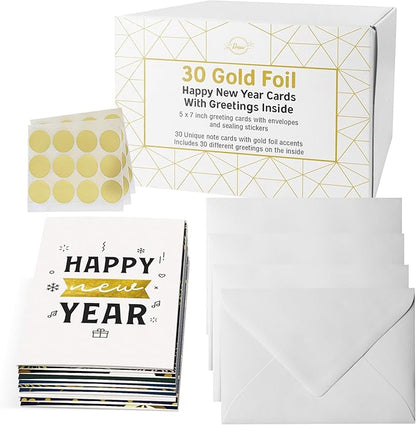 Dessie Boxed Happy New Year Cards - 30 Luxurious Large 5x7 inch Greeting Cards in Vibrant Colors with Gold Foil Accents, Short Greetings Inside. Includes 32 White Envelopes and Sturdy Storage Box