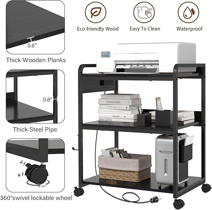 Printer Stands with Charging Station, 25.2 x 18.9 Inch Large Printer Stand with Wheels for Home Office, 3 Tier Printer Table with Power Outlet USB Port, Printer Shredder Stand, Black