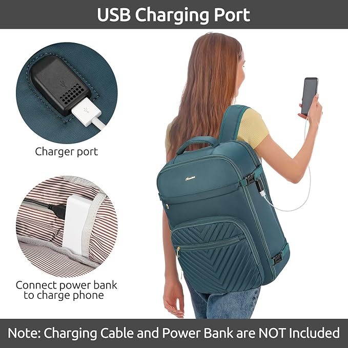 Travel Backpack for Women, Carry On Backpack for Airplanes Flight Approved, Waterproof Large Weekender Overnight Bag Fit 17 Inch Laptop with USB Charging Port, Peacock Blue