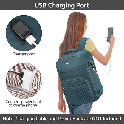 Travel Backpack for Women, Carry On Backpack for Airplanes Flight Approved, Waterproof Large Weekender Overnight Bag Fit 17 Inch Laptop with USB Charging Port, Peacock Blue