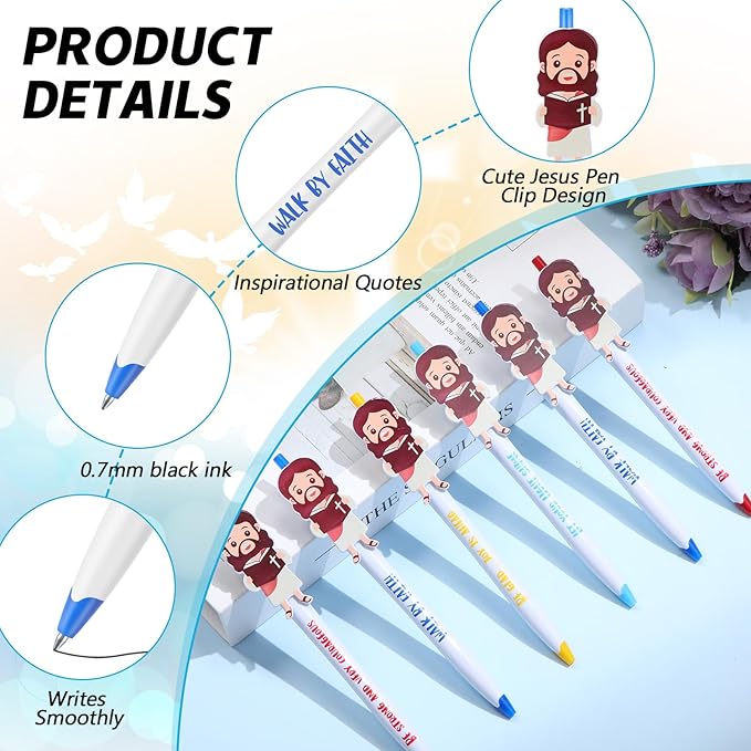12 Pcs Christian Jesus Pens Bible Verse Pens for Kids Cute Jesus Ballpoint Pens with Inspirational Quotes Sunday Religious Pens for Classroom Prizes Church Christmas Easter Gift