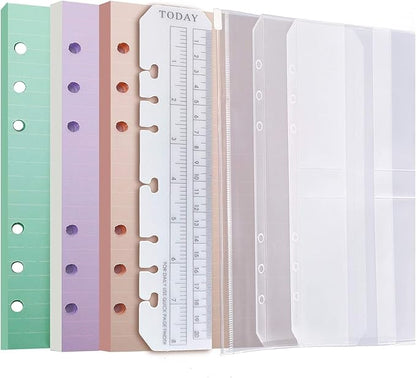 Chris.W A5 Refills Paper, 3 Pack 40 Sheets A5 Colorful Ruled Binder Paper, 3 Pcs Binder Pockets, 1 Page Marker - 6 Hole Notebook Inserts for 6 Ring Refillable A5 Binder Notebook Planner