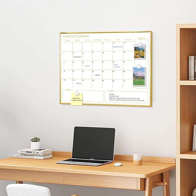 Magnetic Dry Erase Calendar Board for Wall - 24'' x 18'' Monthly Calendar Whiteboard - Gold Aluminum Frame