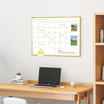Magnetic Dry Erase Calendar Board for Wall - 24'' x 18'' Monthly Calendar Whiteboard - Gold Aluminum Frame