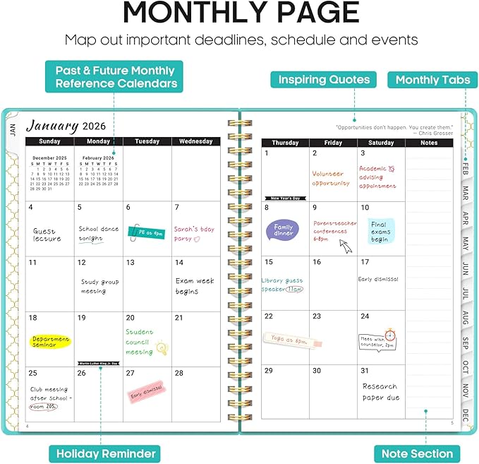 2026 Planner, Weekly and Monthly Calendar Planner, January 2026 - December 2026, Hardcover 2026 Calendar Planner Book with Tabs For Women & Men, Inner Pocket, Spiral Bound, Perfect for Office Home School Supplies - A5 (6.3" x 8.5"), Aquamarine