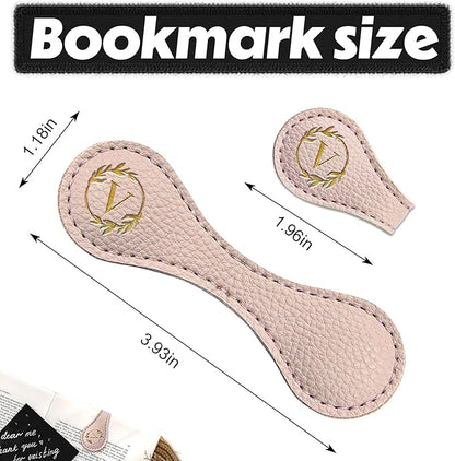 ABTOLS Magnetic Leather Initial Bookmarks, Vintage Initial ID Identification Book Marker Clip Gift Pink Capital Letter Book Markers for Book Lover Avid Readers (V)