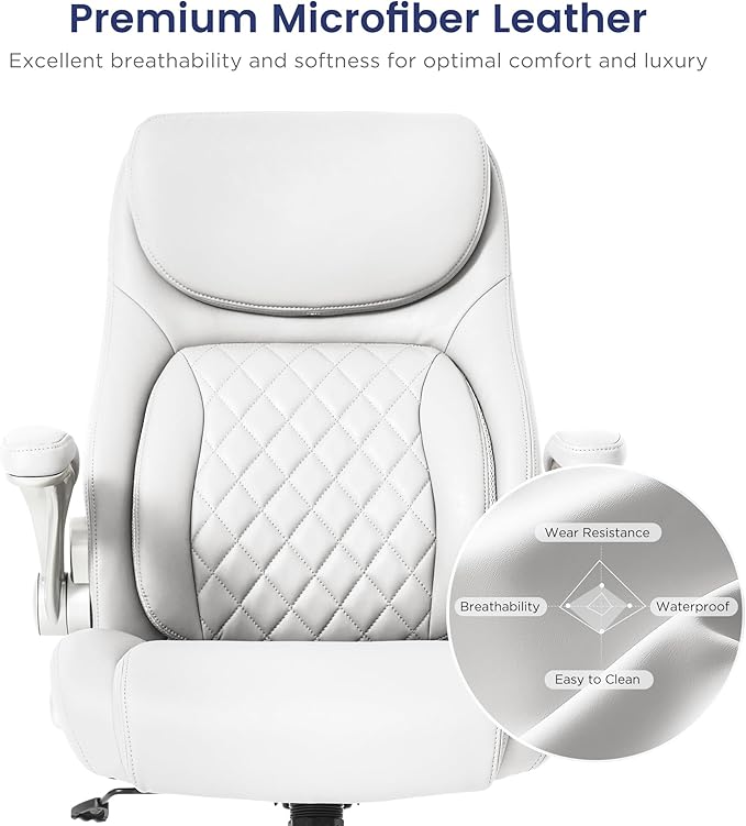 Nouhaus Ergonomic Office Chair Premium Microfiber Leather Adjustable Lumbar Support & Armrests, High Back Comfy Desk Gaming Chairs Executive Computer Swivel Chair Tilt Function(Posture,White)