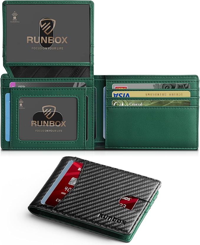 RUNBOX Wallet for Men Slim Rfid Leather 2 ID Window With Gift Box