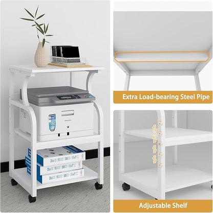 Natwind 3 Tier Printer Stand,Printer Table with Adjustable Storage Shelf, Rolling Printer Cart with Wheels for Home Office Organization,Multifunctional Shelves for Heat Press,3D Printer (White)