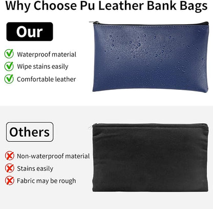 4 Pack Money Bags with Zipper, 11x6.1 Inch PU Leather Cash Pouch, Secure Bank Bag for Coins, Bills, Checks, Invoices, Cosmetics, Tools (Blue)