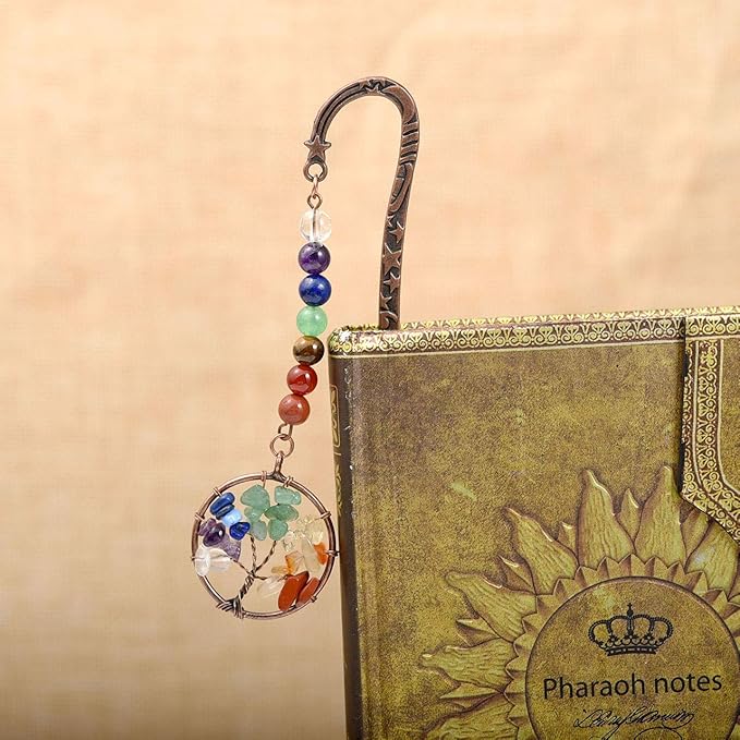 Jovivi Antique Copper Metal Bookmark Beading Bookmarks with Handmade 7 Chakra Healing Crystals Tree of Life Tumbled Gemstones/Swirl Round Beads Dangle (Mixed 2pcs)