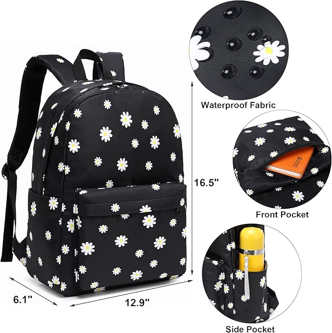 Flowers Black School Backpack for Teens Girls, Womens College Bookbags Kids School Bags Laptop Backpacks