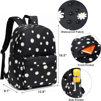 Flowers Black School Backpack for Teens Girls, Womens College Bookbags Kids School Bags Laptop Backpacks