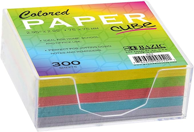 BAZIC Color Paper Cube w/Durable Tray, 3" X 3" 300 Count/Pack, Mini Memo Papers Pads Note Paper Reminders (Non Sticky), Assorted Colors, 1-Pack