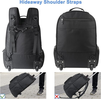 Rolling Backpack for Laptop 15.6 inch, Waterproof Travel Bag with Wheels, Business Carry on Luggage, Multi-compartments, Adjustable Aluminum Telescopic Handle, Black